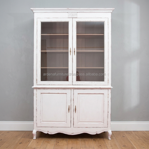 Distressed Wooden White Antique Handmade Multi-purpose Living Room Kitchen Cabinets Solid Mahogany Wood Glass Storage Furniture - Product Image 3