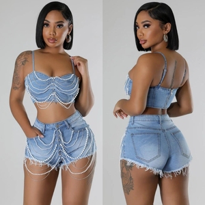 Großhandel Kleidung Sommer Pearl Crop Tank Top 2-teiliges Set Mode Strass zweiteilige Jeans shorts Sets Frauen - Product Image 1