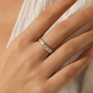 S925 <b>Silver</b> Half Eternity Baguette CZ Band with CenRound Diamond <b>Solitaire</b> <b>Ring</b> Prong Setting Classic Engagement Band for Women - Product Image 4