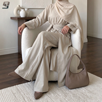 Ensemble deux pièces Abaya personnalisé Turquie Dubaï pour femme, robe décontractée musulmane à nouer à la taille et pantalon, vêtements islamiques OEM