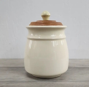 Pot à sucre en céramique <span class=keywords><strong>beige</strong></span> vintage, boîte de rangement en porcelaine avec couvercle en bois - Product Image 2