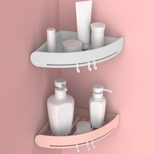 Bathroom Corner Storage Rack Wall Mounted No Drill Plastic Shelf For Shower Vanity With Hooks Pink White Gray - Product Image 1