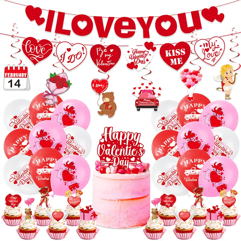 DJTSN Valentine's Day Party Decoration Red Rose Balloon Banner Flag Insert Set For Weeding
