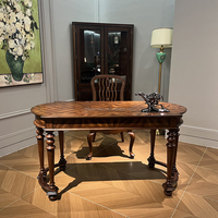 Bureau de direction réglable en bois massif sculpté à la main, finition acajou style américain vintage et plateau incrusté