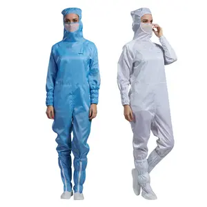 थोक Dustproof कस्टम Cleanroom काम समग्र यूनिसेक्स पॉलिएस्टर जिपर Cleanroom Esd Hooded Jumpsuit