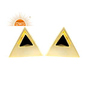 Pendientes de piedras preciosas de ónix negro, pendientes de tuerca con forma de triángulo chapado en oro y plata 925, fabricante de joyería, Colección Vintage - Product Image 1