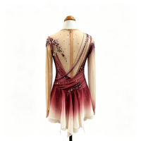 Robe de patinage artistique drapée à dos ouvert, dégradé bordeaux et blanc, avec strass et maille, pour concours de danse sur glace