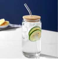 Ensemble de gobelets en verre en forme de canette de bière de luxe de 350 ml (12 oz) transparents, faits à la main, gobelet à smoothie, couvercle en bambou, paille en verre pour le café, les hôtels