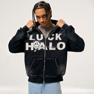 Fabricants de sweats à capuche vintage unisexes de haute qualité, sweats à capuche zippés en molleton français de luxe, sweats à capuche surdimensionnés à lavage acide, sweats à capuche zippés avec strass - Product Image 2