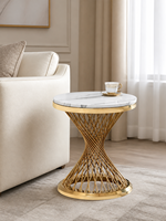Table d'appoint ronde de luxe en marbre naturel, directement de l'usine, avec base en treillis en acier inoxydable torsadé couleur or champagne