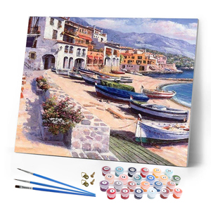 Tự Làm Bức Tranh Bằng Số Kit Căng Vải Sơn Bãi Biển Thuyền Và Bên Bờ Biển Thị Trấn Acrylic Sơn Số Bộ - Product Image 1