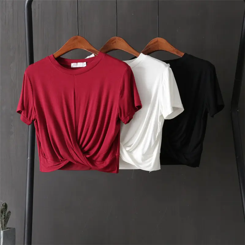 TS141 100% cotton ladies Slim fit Cropped sports t-shirts for women with knot