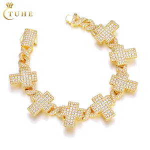 Hio Hop Jewelry Manufacturer 8mm Gold Plated Brass AAAAA Zircon Stone Iced Out Cross Charm Cuban Link Chain Bracelet