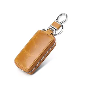 2024 Cowhide Leather Car Key Case Holder with Stainless Steel Hook Key holder Case Metal Zipper