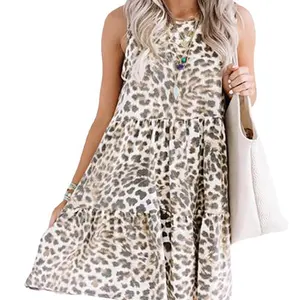 2024 estate vendita calda Vestido stampa leopardata a strati arruffata abiti senza maniche eleganti da donna
