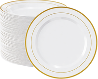 Assiettes en plastique blanches réutilisables à double bord doré, assiettes rondes en plastique résistantes pour mariage, anniversaire, banquet, restauration