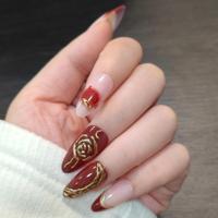 Groothandel Bourgondië 3D Gouden Rozen Amandelvormige Opzetnagels ABS 24 Stuks OEM Aangepaste Privélabel Herbruikbare Kunstnagels
