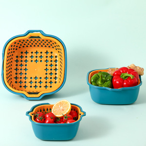 Plastic Double Layer Drain <b>Basket</b> Set 20cm Multi Functional Fruit Vegetable Washing Colander Kitchen Strainer - Product Image 3
