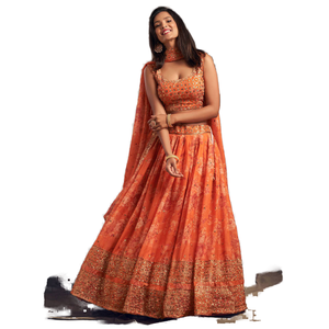 Conjunto de festival de organza elegante Lehenga Choli para mujer con estampado floral naranja - Product Image 1
