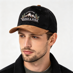 Gorra de 6 paneles de perfil alto para hombre, al por mayor, con visera de ante negro y camel, bordado de pino de montaña, para camping al aire libre, con logotipo personalizado y letras comunes - Product Image 1