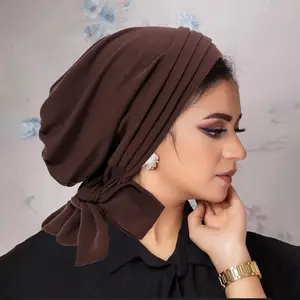 イスラム教徒の女性のための最新の無地の伸縮性ターバンキャップヘッドカバーケモヘッドラップ髪の保護ナイトスリープキャップ