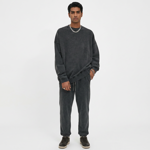 Winter New Dyed Aged White <b>Thin</b> Neck 100% Cotton Sweatshirt Sweatpants Set Men's Solid Color Washed <b>Hoodie</b> Vintage - Product Image 1
