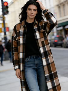 Manteau long à carreaux - Veste chemise en flanelle à carreaux surdimensionnée pour femmes grandes tailles - Product Image 1