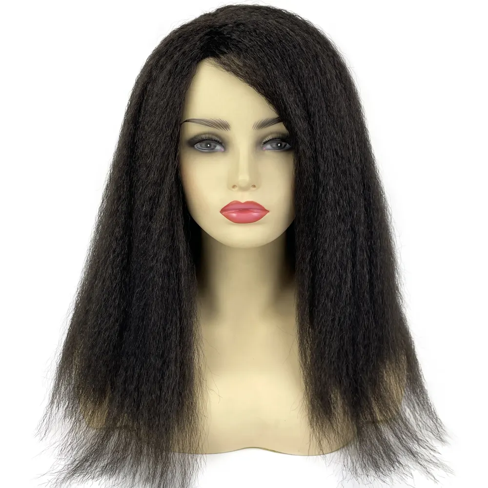 Toptan fiyat siyah kadınlar için afrika peruk yan kısmı günlük kabarık doğal siyah uzun Yaki düz peruk bayanlar sentetik saç