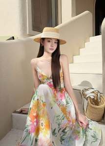 Summer Boho Floral Maxi Dress Women Sleeveless V Neck Backless Chiffon Beach Vacation Resort Wear Wholesale Custom - Product Image 4