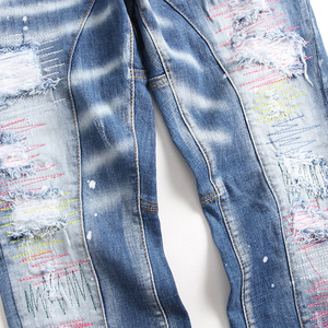 AeeDenim Vente en gros OEM Jeans droits pour hommes, style 'Penny', déchirés, avec patchs, stretch, peinture éclaboussée, panneau bleu, denim 'Beggar', écologique - Product Image 5