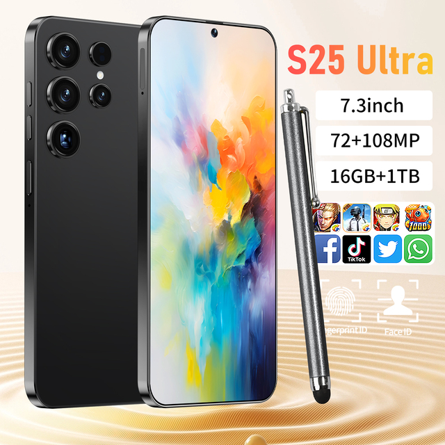 Hot Sale S25 Ultra 5G Smartphone 7.3 Inch Android 16 High Quality Unlocked Cellphone 108MP Rear Camera HD Screen 100W Spanish