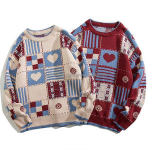 Suéter Retro a Cuadros con Corazón, Cuello Redondo, para Hombre y Mujer, Personalizado, Holgado, Estilo Estudiantil, de Moda, para Parejas, Tejido - Product Image 2