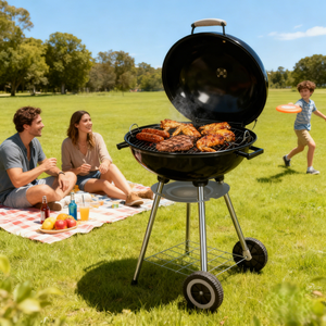 Parrilla de Carbón Redonda de 22 Pulgadas con Ruedas y <span class=keywords><strong>Bandeja</strong></span> para <span class=keywords><strong>Cenizas</strong></span>, Parrilla Móvil para Acampar al Aire Libre, Hacer Picnic y Cocinar - Product Image 4