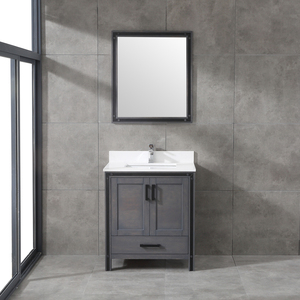 Mueble de Baño Industrial de Madera Maciza Oscura con Espejo, Mueble de Lavabo Independiente con Encimera de Cuarzo Blanco - Product Image 2