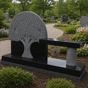 Monumento Conmemorativo de Granito Negro Natural Tallado con Árbol Chino Tradicional y Banco para Uso en Cementerios al Aire Libre - Product Image 4