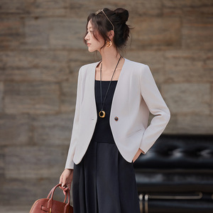 Women's Collarless Blazer Solid Color Polyester Anti-Wrinkle Short Suit Jacket For Spring Autumn Professional Casual Wear - Product Image 1