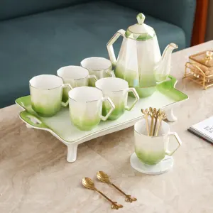 หม้อชาเซรามิกสไตล์นอร์ดิก,ชุดน้ำชาในครัวเรือนสุดสร้างสรรค์ชุดถ้วยกาแฟแต่งขอบทองพร้อมถาด