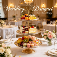 3-laags dienbladset van metaal, rond, glamoureus design, dessertstandaard voor feestjes, thuis, restaurant, buffet, fruit, cake, snacks.
