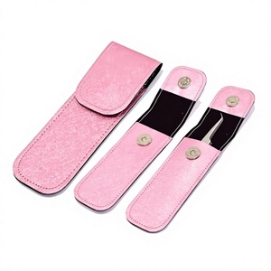 Pink Leather Pouch For Single Eyelash Extension Tweezer Private Label, Stainless Steel Eyelash Extension Tweezer with Pouch - Product Image 1