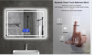 Miroir de salle de bain moderne éclairé par LED Smart Touch désembuage Bluetooth musique Rectangle étagères de rangement décoration de salle de bain d'hôtel - Product Image 6
