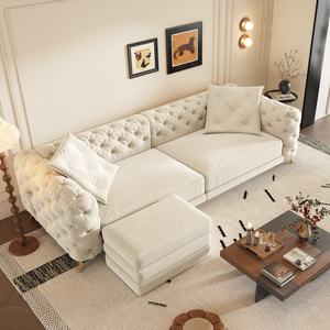 Canapé-lit <span class=keywords><strong>convertible</strong></span> 3-en-1 Chesterfield de luxe beige et blanc de 97,7 pouces, avec capitonnage fait main, pour la maison - Product Image 3