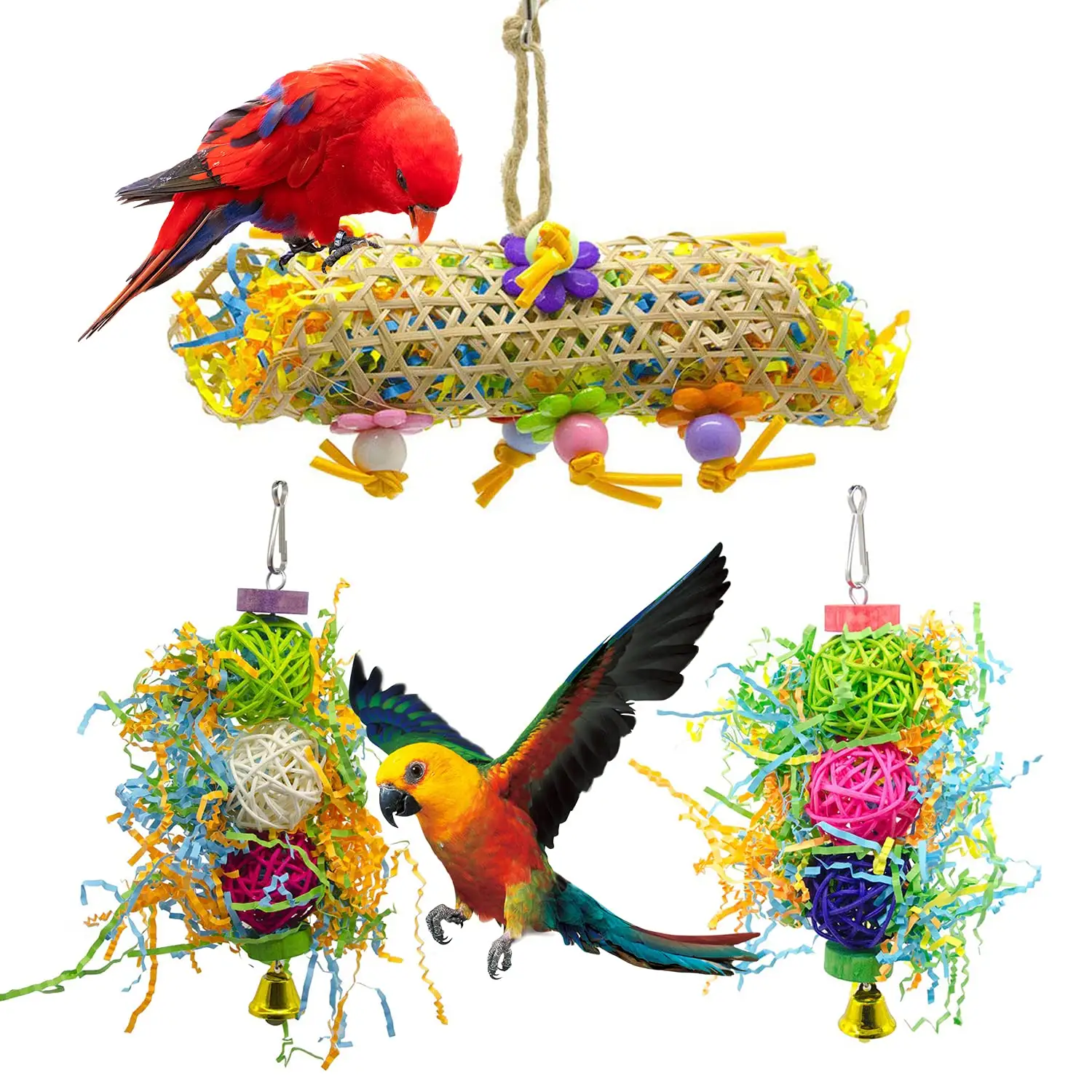 Hot sale 3 piece set of climbing rope stick color swinging drawing bell string parrot combination bird toy