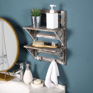 Estante de Pared de Madera de Dos Niveles para Baño con Ganchos, Estilo Rústico - Product Image 1