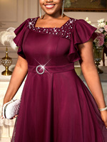 Robe de soirée vintage en tulle à col carré, manches bouffantes, froncée, coupe trapèze, ornée de cristaux, avec ceinture, grandes tailles