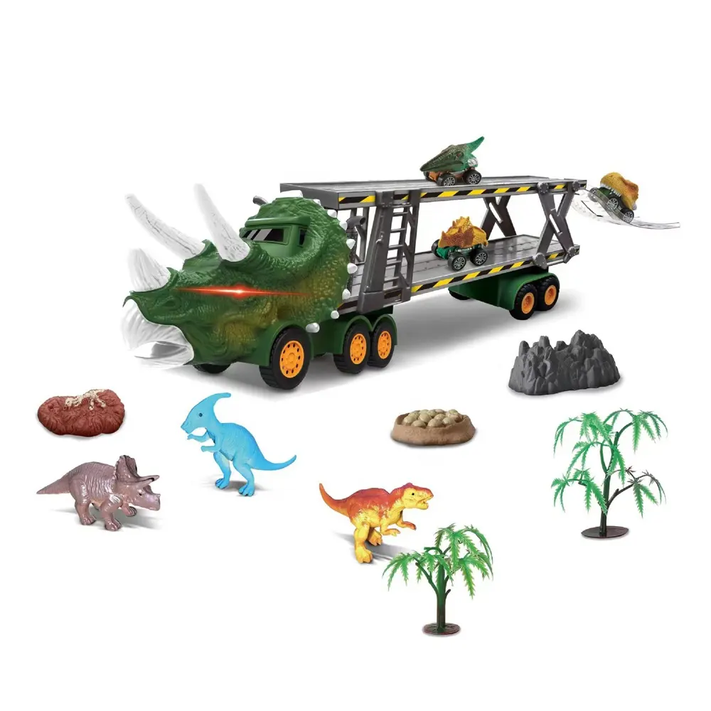 Produk baru anak-anak triceratops transport gesekan dinosaurus pembawa truk bermain set dengan tarik belakang mainan mobil dino dan figur dinosaurus