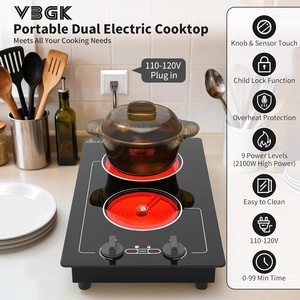 Table de cuisson électrique VBGK 110V 2100W 2 brûleurs, <span class=keywords><strong>vitrocéramique</strong></span>, encastrable, commande par bouton, 9 niveaux de puissance, verrouillage enfant, minuterie - Product Image 2