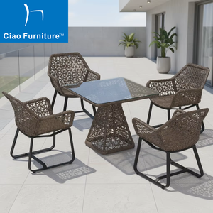Vendita calda giardino ristorante all'aperto <span class=keywords><strong>Cafe</strong></span> 4 posti mobili in Rattan tavolo da pranzo e sedie Set - Product Image 1
