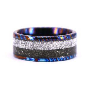 Nuovo Anello da Uomo in Titanio Damascato con Design a Fascia Nuziale, con Intarsio su un Lato in Meteorite Gibeon Autentico Artificiale e Frantumato - Product Image 2