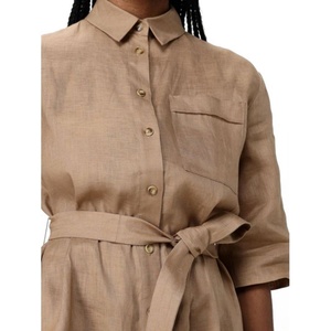 Robe chemise mi-longue en lin unie à ceinture, coupe décontractée, avec logo personnalisé, pour femme – Meilleure vente - Product Image 4