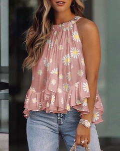 Blus cetakan kasual leher Halter wanita, atasan berkerut tanpa lengan longgar musim panas untuk perempuan - Product Image 2